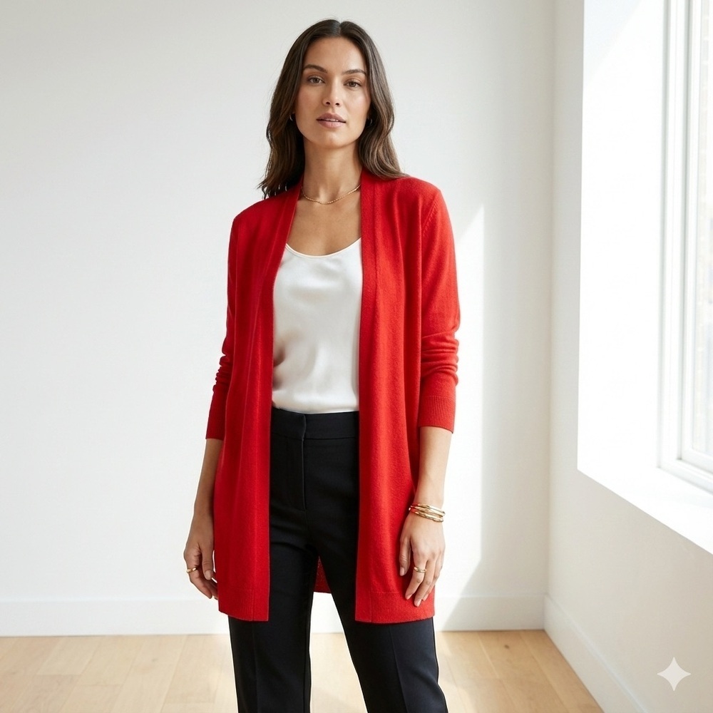 Eileen Fisher red merino wool open front cardigan - Medium